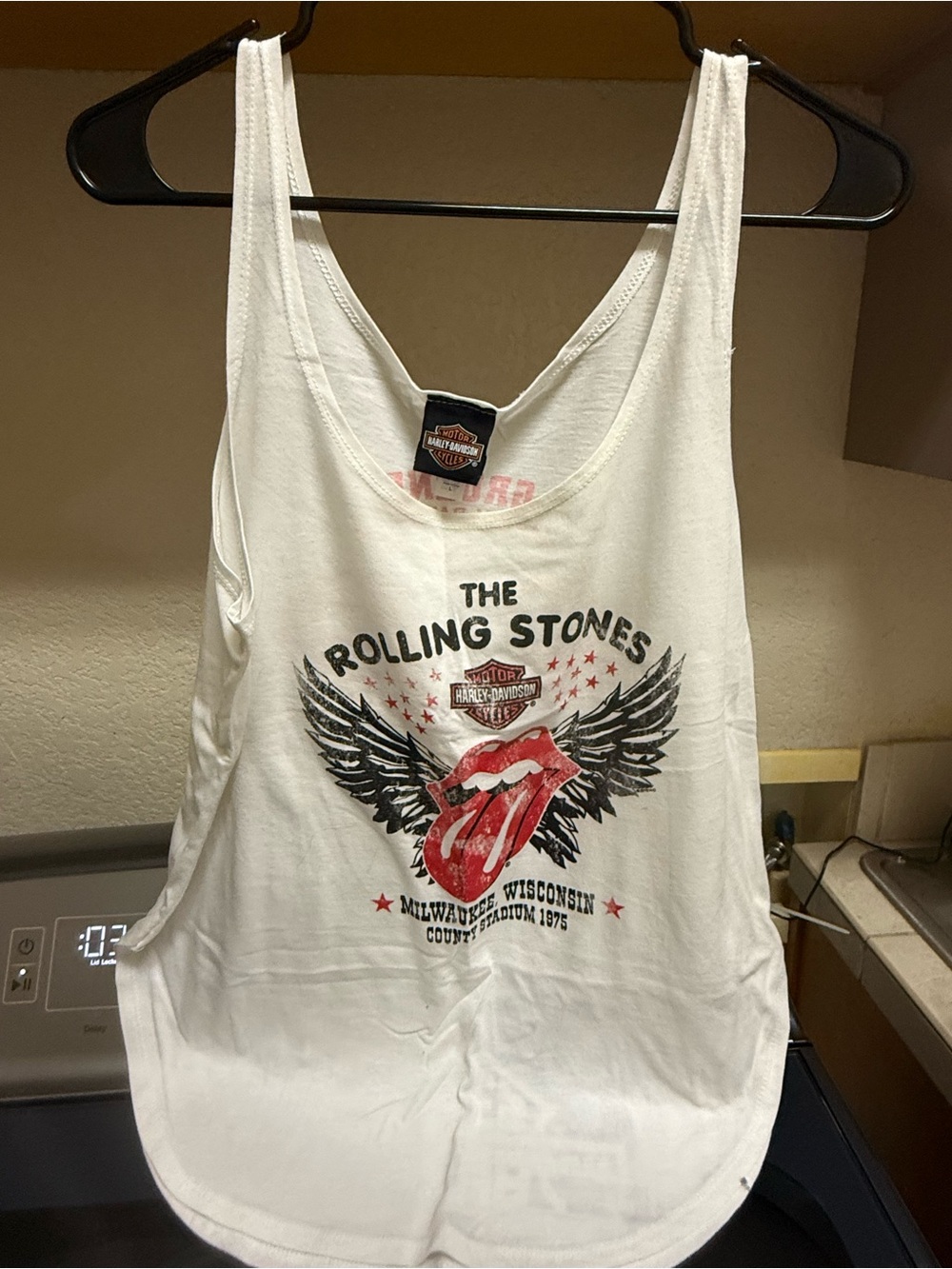 Harley-Davidson White Tank Top with Red and Black Rolling Stones Graphic